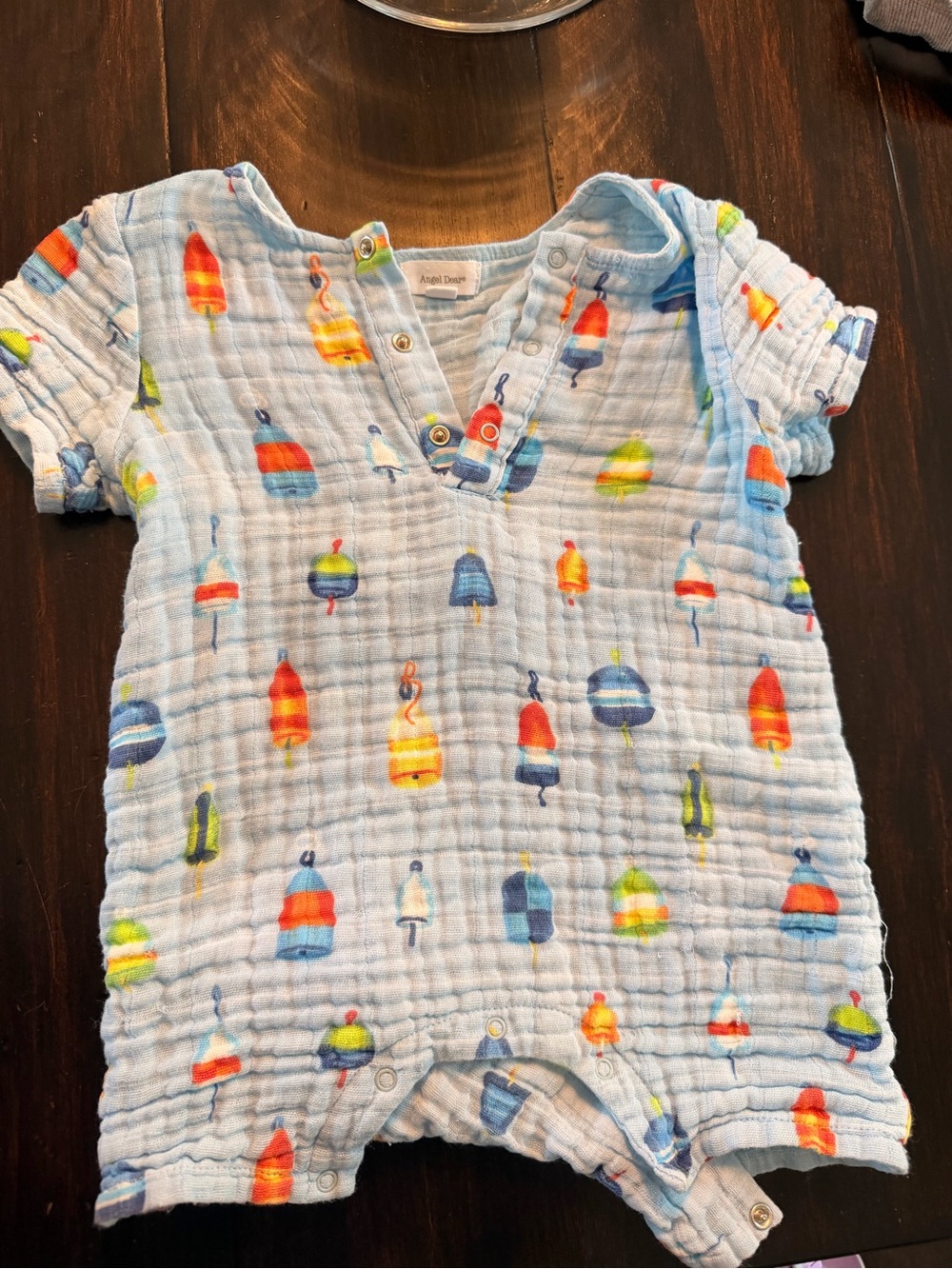 Angel Dear Light Blue Muslin Romper with Colorful Buoy Print